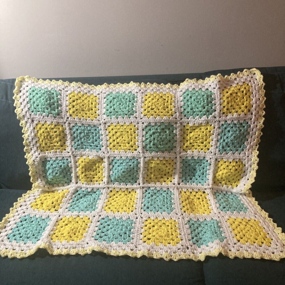 Granny Square Baby Afghan Green White Yellow Boy Girl 42x34”